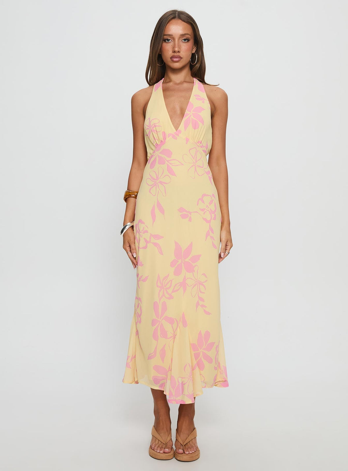 Alayla Halter Midi Dress Yellow Floral
