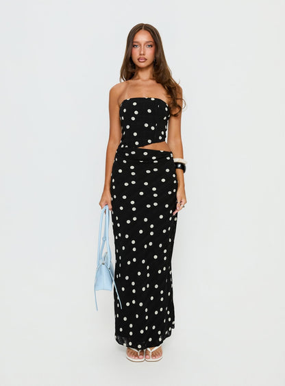 Jasira Strapless Drape Maxi Dress Black Polka Dot