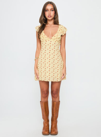 Just Me And You Frill Mini Dress Yellow Floral