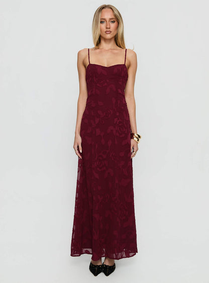 Leading Lady Sweetheart Maxi Dress Red Floral Burnout