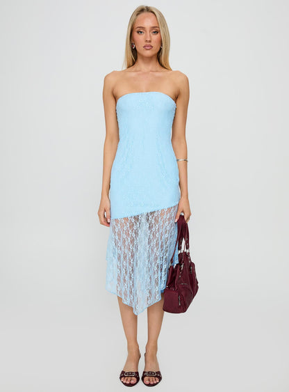 Nonchalant Strapless Lace Midi Dress Blue