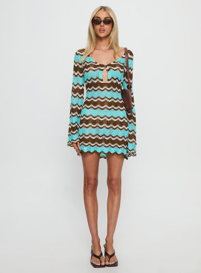 Suka Long Sleeve Knit Mini Dress Brown / Blue