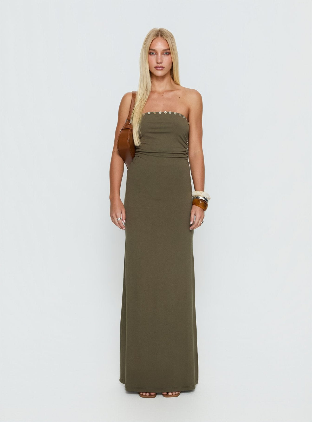 Erita Strapless Maxi Dress Kahki