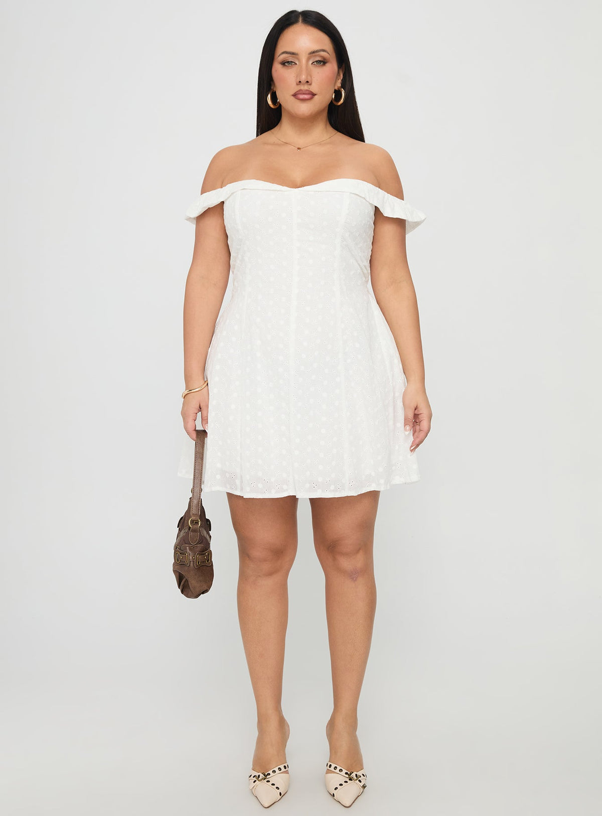 Rosebud Broderie Off The Shoulder Mini Dress White Curve