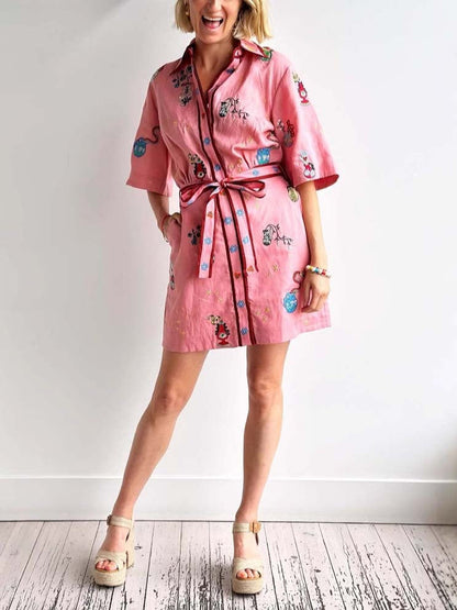 Casual Printed Shirt Collar Single-breasted Mini Dress