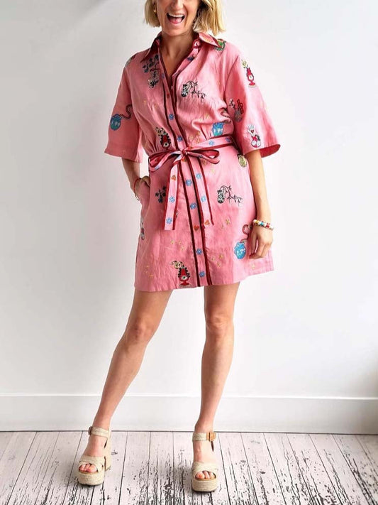 Casual Printed Shirt Collar Single-breasted Mini Dress