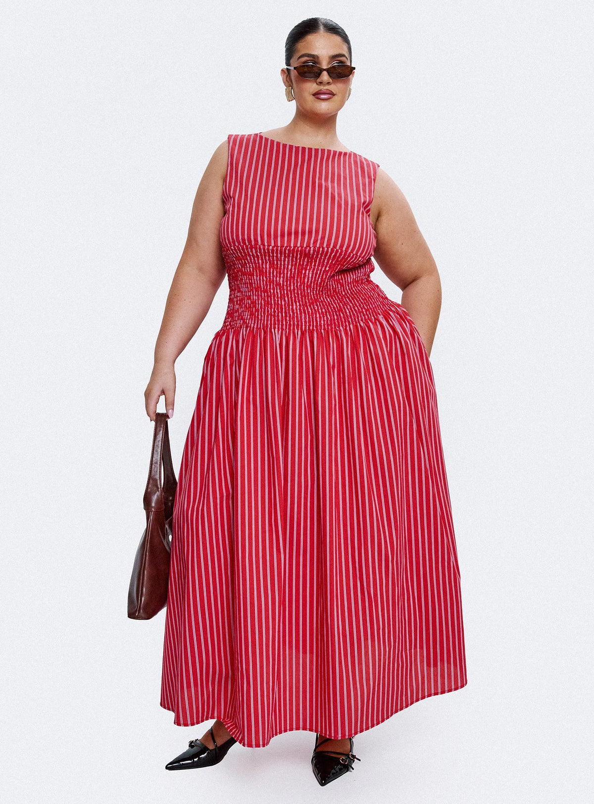 Lilienne Cotton Poplin Maxi Dress Red Stripe Curve
