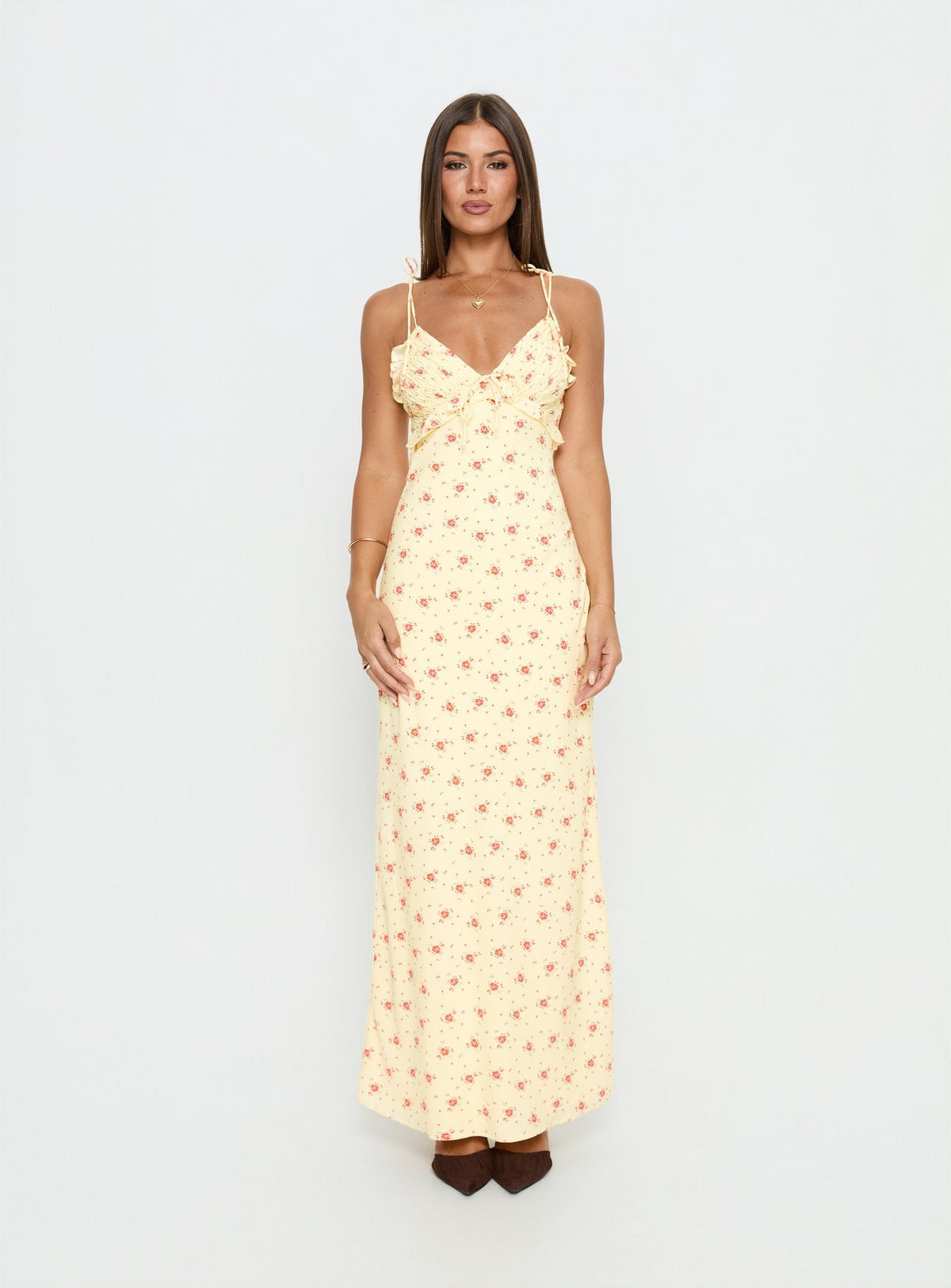 Morcar Frill V Neck Maxi Dress Yellow Floral