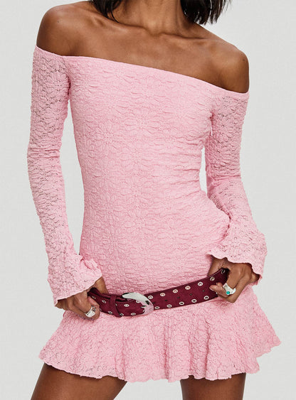 Vancesca Off Shoulder Long Sleeve Mini Dress Pink