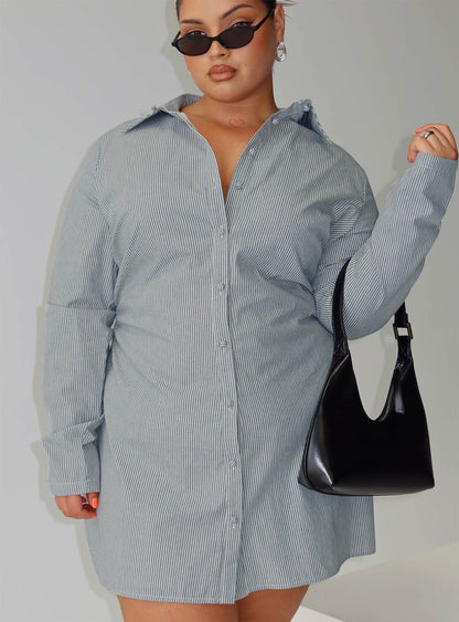 Publicity Long Sleeve Mini Dress Blue Pinstripe Curve