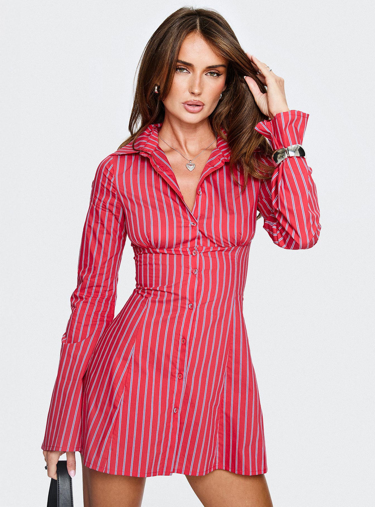 Tawni Long Sleeve Shirt Mini Dress Red Stripe