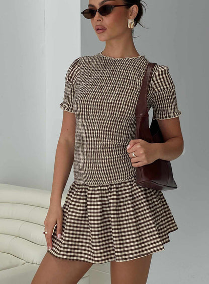 Laurita Shirred Mini Dress Brown Check Tall