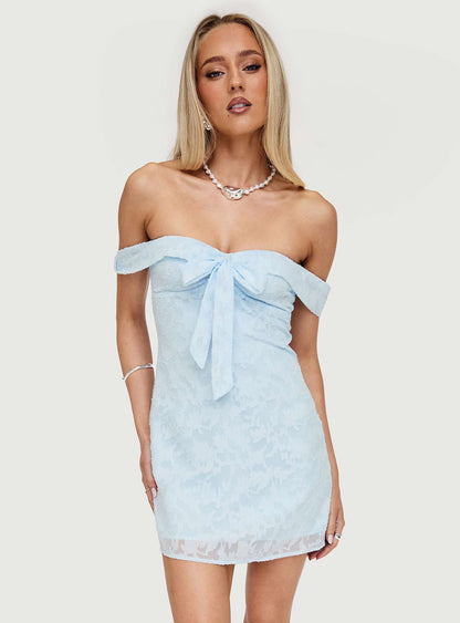 Christiana Off Shoulder Mini Dress Light Blue Burnout