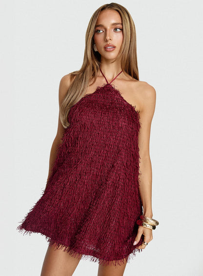 Koressa Halter Fringe Mini Dress Burgundy