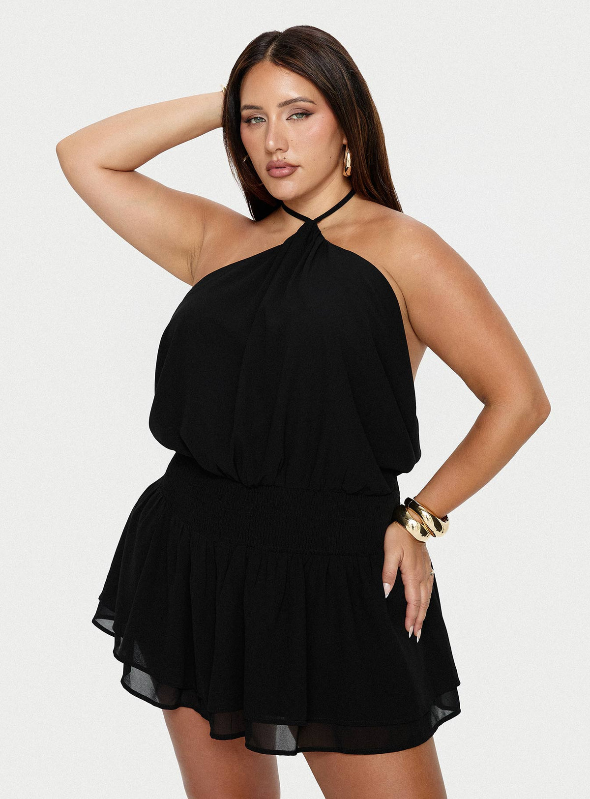 Khamira Halter Shirred Mini Dress Black Curve