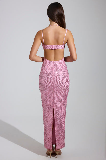 Embellished Cowl-Neck Maxi Dress in Pink
