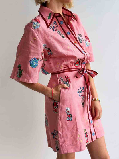 Casual Printed Shirt Collar Single-breasted Mini Dress
