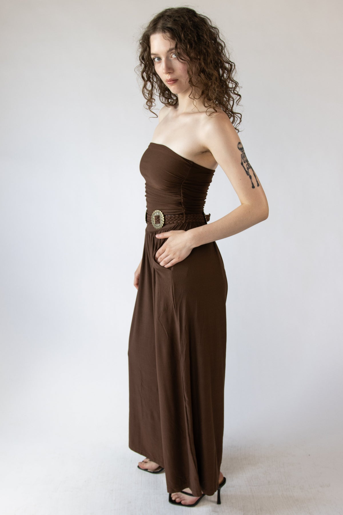 Belted Tube Top Wide Leg Jumpsuit