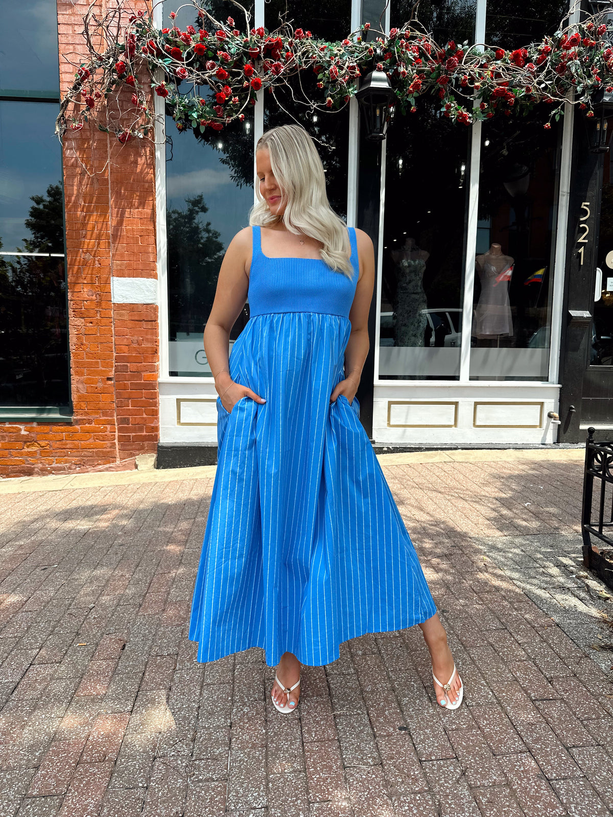 Carolina Blue Striped Midi Dress