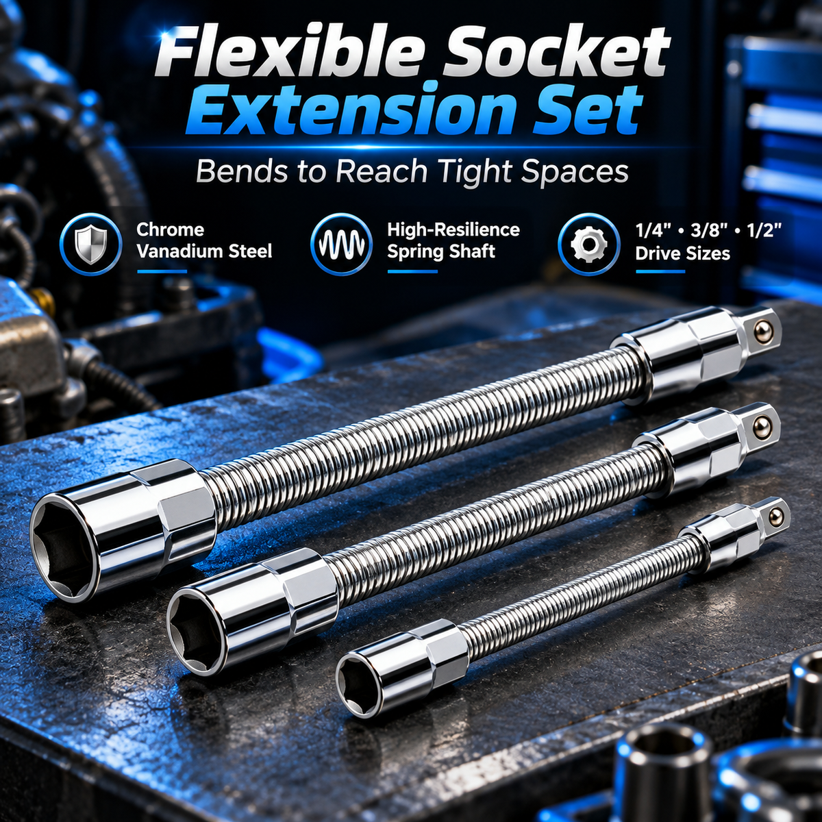 Flexible Socket Extension Set 1/4" 3/8" 1/2" Drive Bendable Spring Shaft Extender