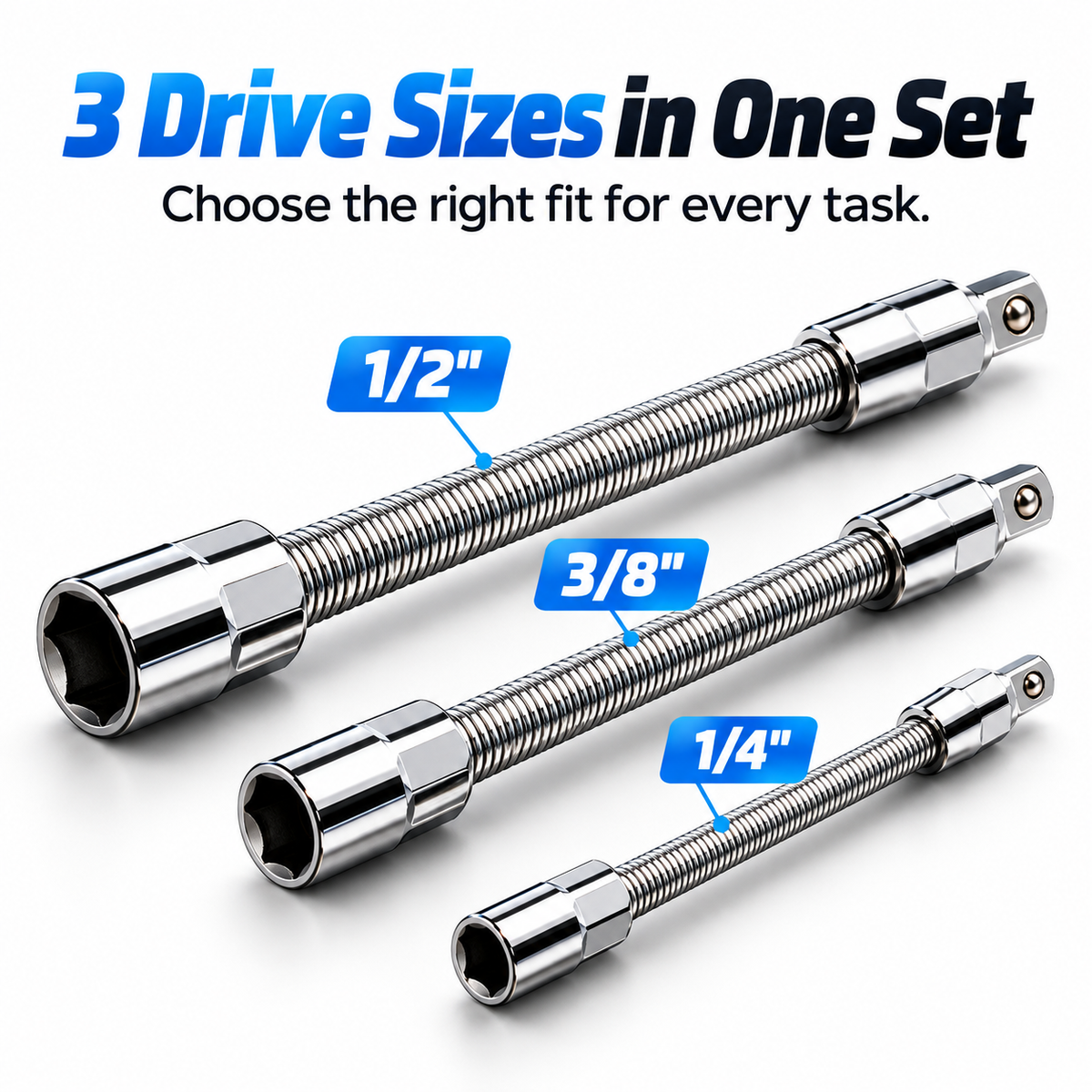 Flexible Socket Extension Set 1/4" 3/8" 1/2" Drive Bendable Spring Shaft Extender