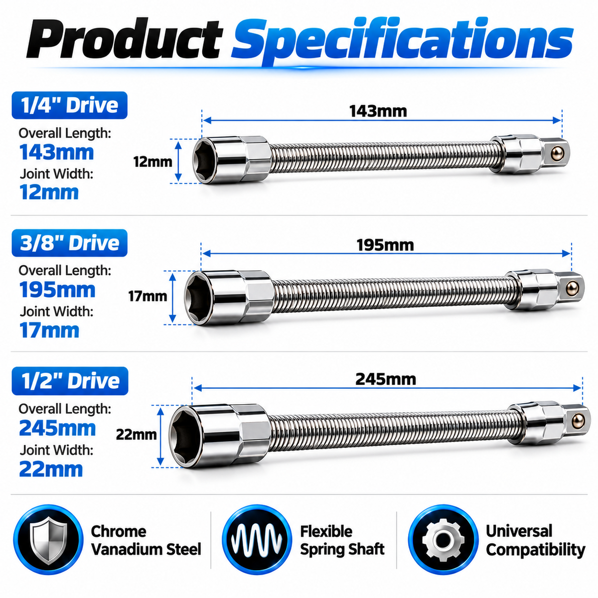 Flexible Socket Extension Set 1/4" 3/8" 1/2" Drive Bendable Spring Shaft Extender