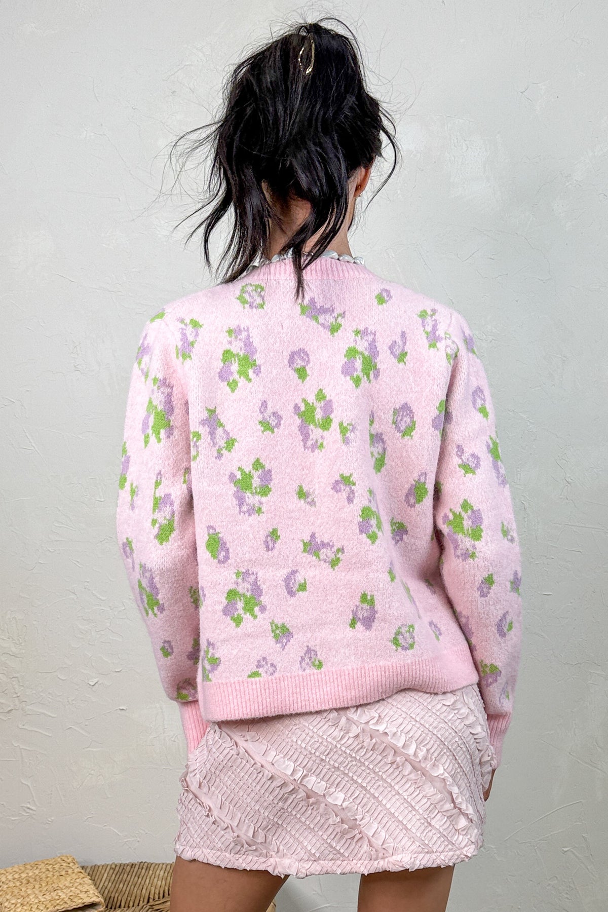 Fool For You Wool Blend Knit Cardigan (Pink Floral)
