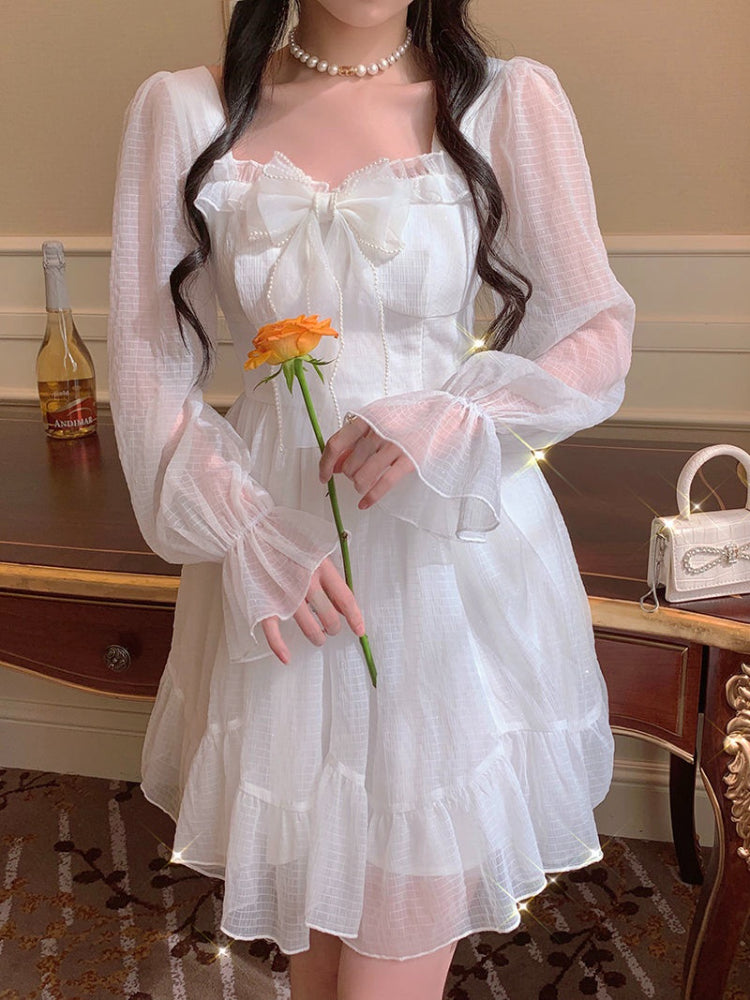 French Sweet Fairy Lolita Dress Long Sleeve Lace Y2k Mini Dress Vintage Kawaii Clothes One Piece Dress Korean spring
