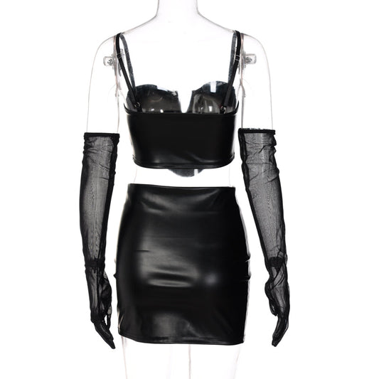 Hugcitar Pu Leather Slip With Detachable Sleeve Backless Crop Top Mini Dress 2 Pieces Set Fall Winter Party Y2K