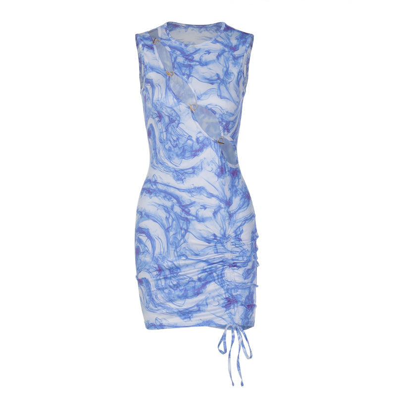 Voguable  Bandage Drawstrings Sleeveless Hollow Out Ruched Solid Bodycon Mini Dress  Streetwear Y2K Party Club