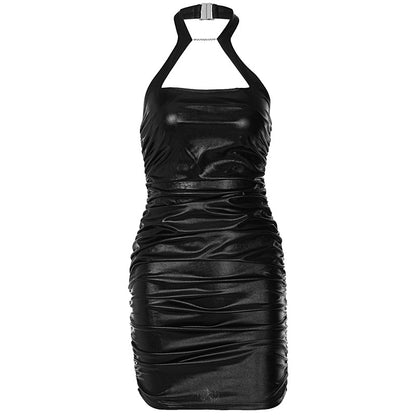 Voguable Pu Leather Solid Halter Sleeveless Masonry Draped Backless Mini Dress  Slim Elegant Street Party Outfits Y2K
