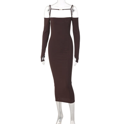 Voguable Ribbed Solid Slash Neck Slip Long Sleeves Bodycon Mini Dress  Elegant Streetwear Evening Party Y2K