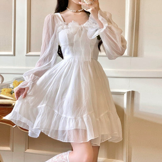 French Sweet Fairy Lolita Dress Long Sleeve Lace Y2k Mini Dress Vintage Kawaii Clothes One Piece Dress Korean spring