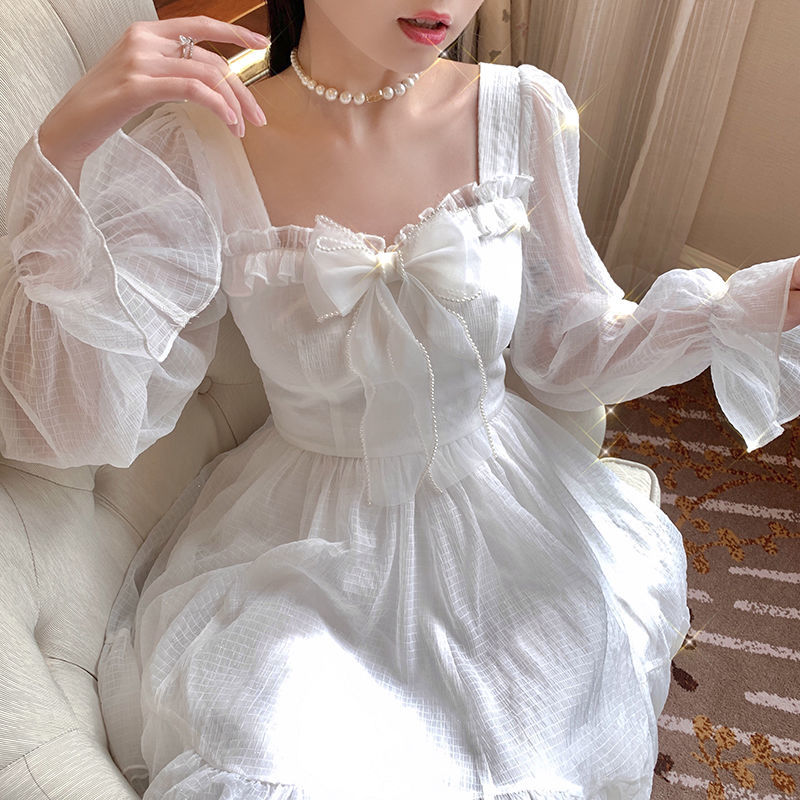 French Sweet Fairy Lolita Dress Long Sleeve Lace Y2k Mini Dress Vintage Kawaii Clothes One Piece Dress Korean spring