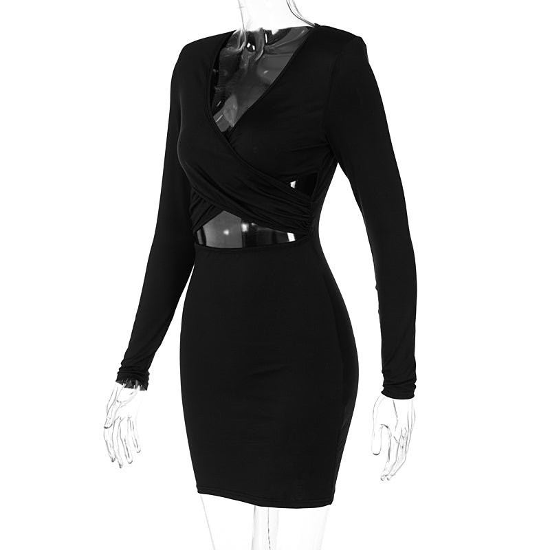 Voguable Long Sleeves V Neck Hollow Out Solid Mini Dress Outfit Y2K Streetwear