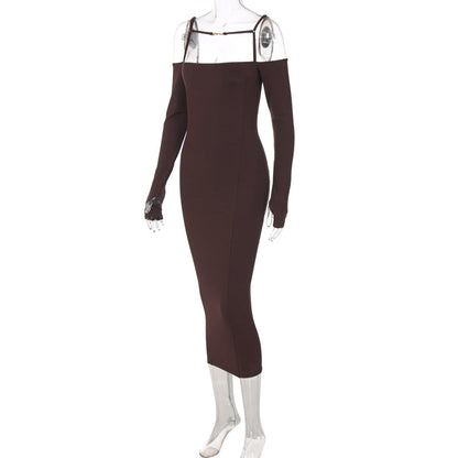 Voguable Ribbed Solid Slash Neck Slip Long Sleeves Bodycon Mini Dress  Elegant Streetwear Evening Party Y2K