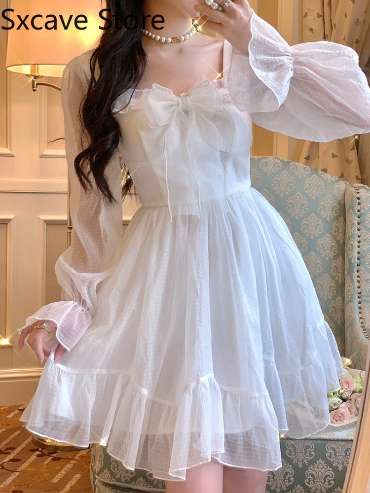 French Sweet Fairy Lolita Dress Long Sleeve Lace Y2k Mini Dress Vintage Kawaii Clothes One Piece Dress Korean spring