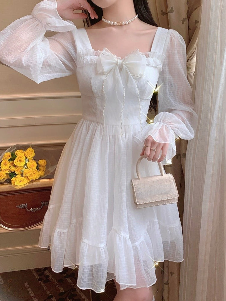 French Sweet Fairy Lolita Dress Long Sleeve Lace Y2k Mini Dress Vintage Kawaii Clothes One Piece Dress Korean spring