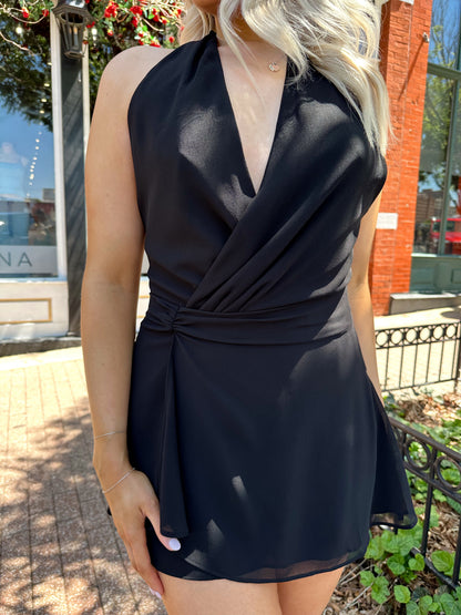 Hannah Black Wrap Halter Mini Dress