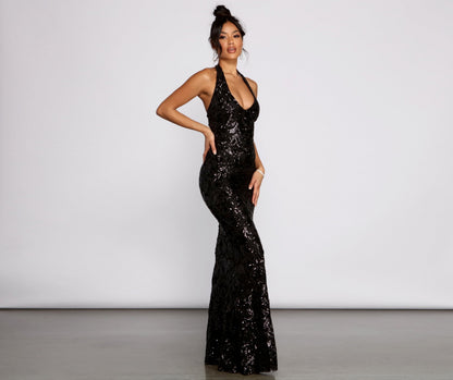 Haven Formal Sequin Scroll Halter Dress