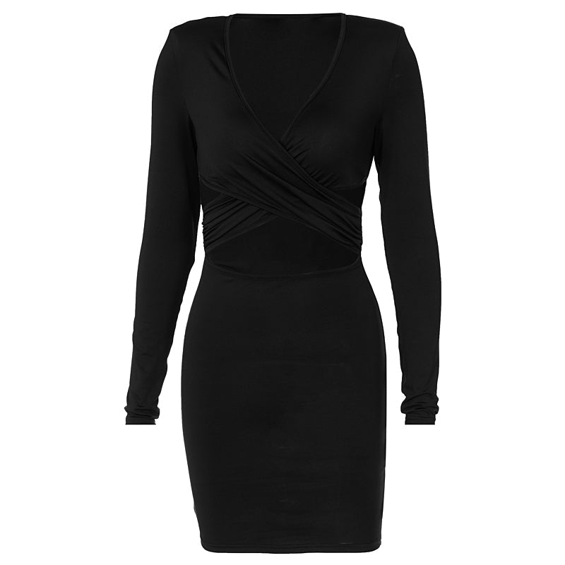 Voguable Long Sleeves V Neck Hollow Out Solid Mini Dress Outfit Y2K Streetwear