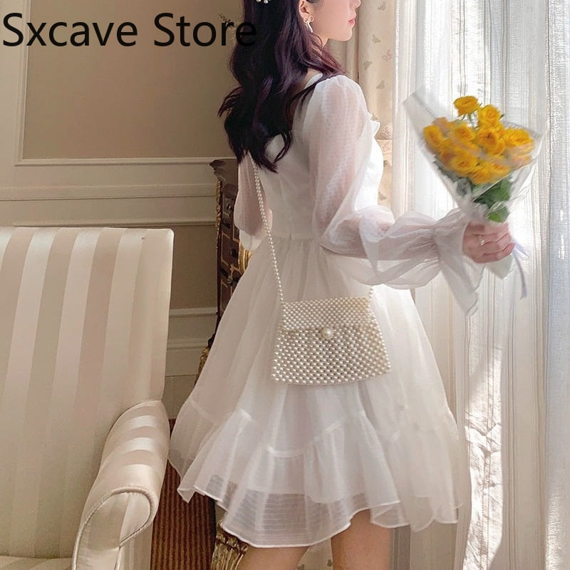French Sweet Fairy Lolita Dress Long Sleeve Lace Y2k Mini Dress Vintage Kawaii Clothes One Piece Dress Korean spring