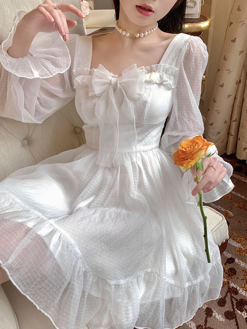French Sweet Fairy Lolita Dress Long Sleeve Lace Y2k Mini Dress Vintage Kawaii Clothes One Piece Dress Korean spring