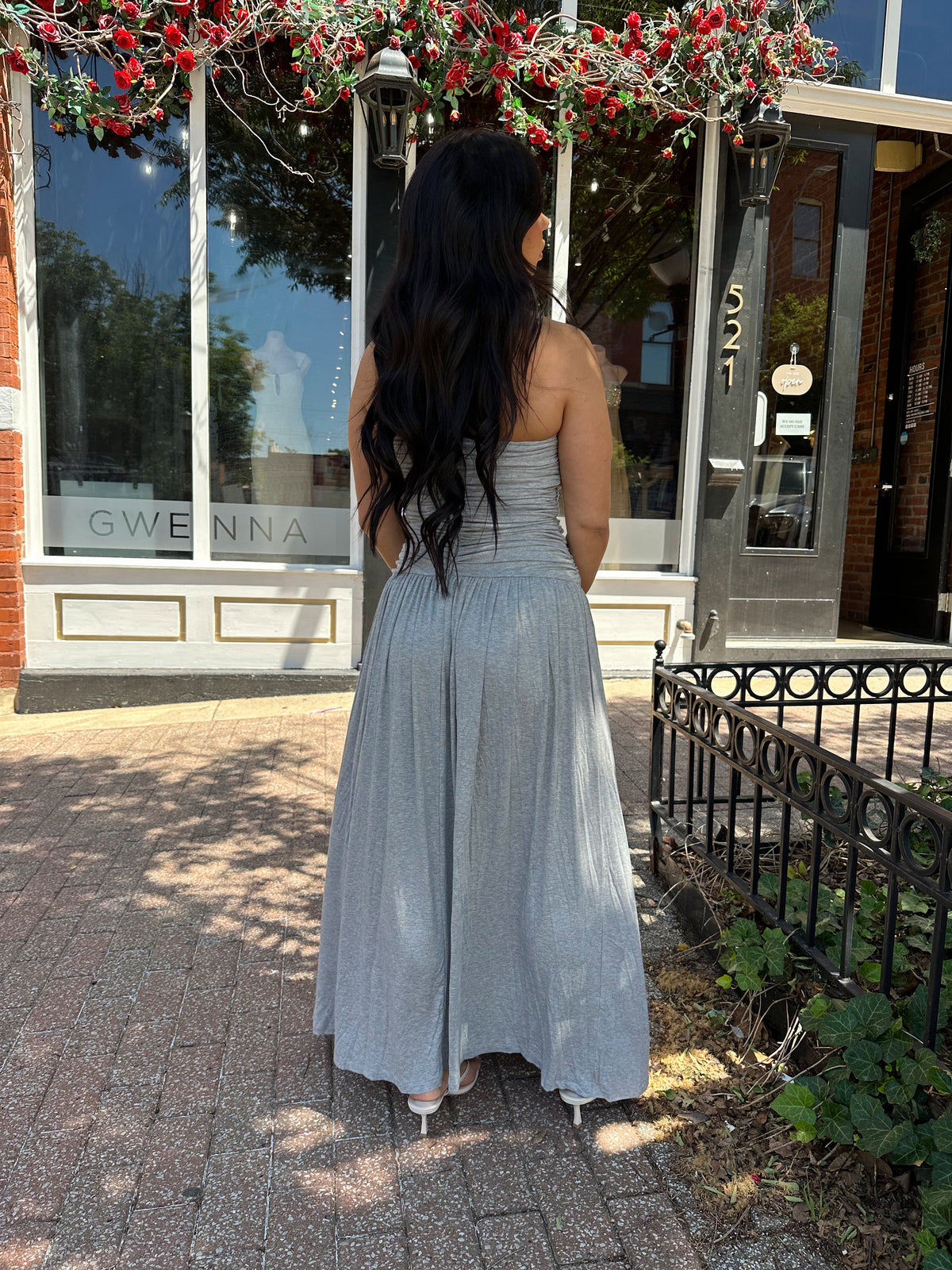 Heather Grey Strapless Ruched Maxi Dress