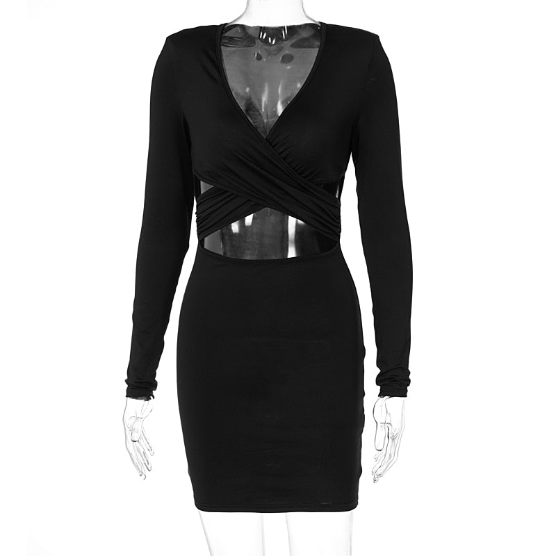 Voguable Long Sleeves V Neck Hollow Out Solid Mini Dress Outfit Y2K Streetwear