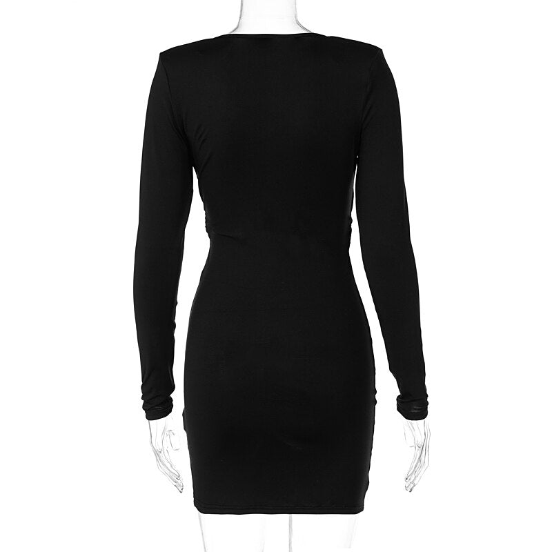 Voguable Long Sleeves V Neck Hollow Out Solid Mini Dress Outfit Y2K Streetwear