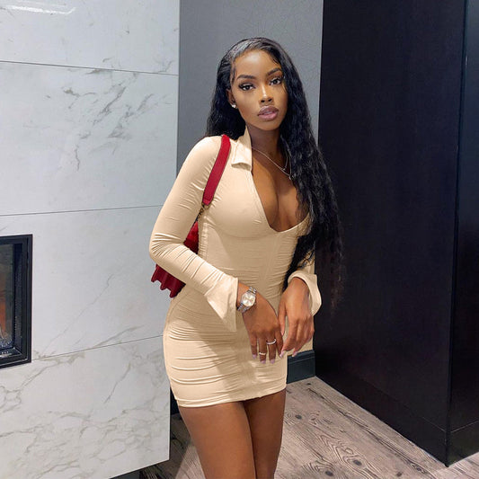 Voguable Solid Pleated Polo Neck Long Sleeves Mini Dress Streetwear Y2K Elegant Wear