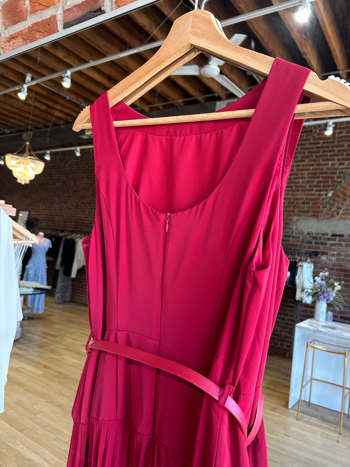 Kimberly Red Plissé Belted Midi Dress