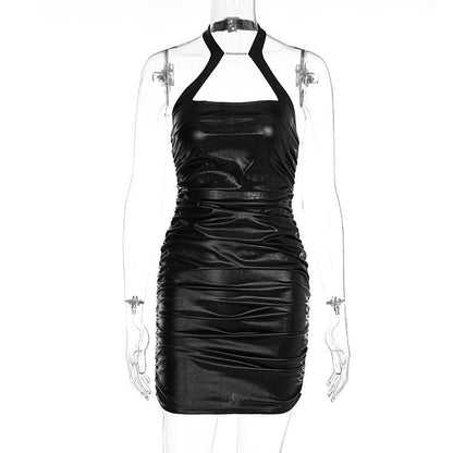 Voguable Pu Leather Solid Halter Sleeveless Masonry Draped Backless Mini Dress  Slim Elegant Street Party Outfits Y2K