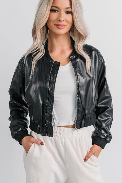 Crown Moment Faux Leather Crop Jacket (Black)
